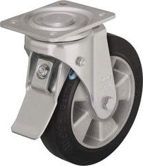 Blickle - 6-1/2" Diam x 2" Wide x 7-61/64" OAH Top Plate Mount Swivel Caster with Brake - Solid Rubber, 880 Lb Capacity, Ball Bearing, 5-1/2 x 4-3/8" Plate - Exact Industrial Supply