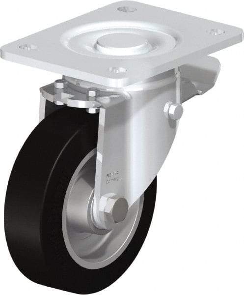 Blickle - 5" Diam x 1-9/16" Wide x 6-1/2" OAH Top Plate Mount Swivel Caster with Brake - Solid Rubber, 550 Lb Capacity, Ball Bearing, 5-1/2 x 4-3/8" Plate - Exact Industrial Supply