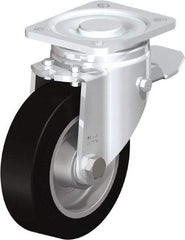 Blickle - 5" Diam x 1-9/16" Wide x 6-1/2" OAH Top Plate Mount Swivel Caster with Brake - Solid Rubber, 550 Lb Capacity, Ball Bearing, 3-15/16 x 3-3/8" Plate - Exact Industrial Supply
