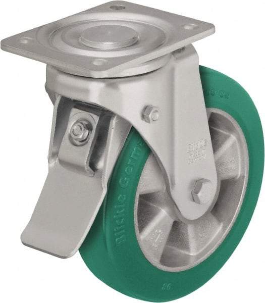 Blickle - 8" Diam x 2" Wide x 9-21/32" OAH Top Plate Mount Swivel Caster with Brake - Polyurethane-Elastomer Blickle Softhane, 1,540 Lb Capacity, Ball Bearing, 5-1/2 x 4-3/8" Plate - Exact Industrial Supply