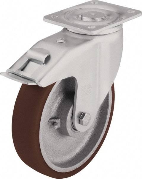 Blickle - 4" Diam x 1-31/32" Wide x 5-33/64" OAH Top Plate Mount Swivel Caster with Brake - Polyurethane-Elastomer Blickle Softhane, 880 Lb Capacity, Ball Bearing, 5-1/2 x 4-3/8" Plate - Exact Industrial Supply