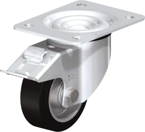 Blickle - 4" Diam x 1-37/64" Wide x 5-7/64" OAH Top Plate Mount Swivel Caster with Brake - Solid Rubber, 440 Lb Capacity, Ball Bearing, 5-1/2 x 4-3/8" Plate - Exact Industrial Supply