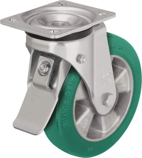 Blickle - 5" Diam x 2-1/8" Wide x 6-11/16" OAH Top Plate Mount Swivel Caster with Brake - Polyurethane-Elastomer Blickle Softhane, 990 Lb Capacity, Ball Bearing, 5-1/2 x 4-3/8" Plate - Exact Industrial Supply