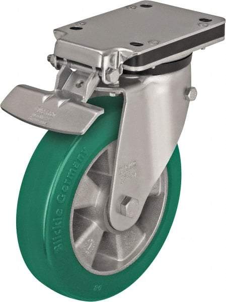 Blickle - 5" Diam x 2-1/8" Wide x 6-11/16" OAH Top Plate Mount Swivel Caster with Brake - Polyurethane-Elastomer Blickle Softhane, 990 Lb Capacity, Ball Bearing, 5-1/2 x 4-3/8" Plate - Exact Industrial Supply