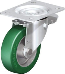 Blickle - 5" Diam x 1-37/64" Wide x 6-7/64" OAH Top Plate Mount Swivel Caster with Brake - Polyurethane-Elastomer Blickle Softhane, 770 Lb Capacity, Ball Bearing, 5-1/2 x 4-3/8" Plate - Exact Industrial Supply