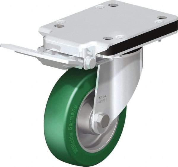 Blickle - 5" Diam x 1-37/64" Wide x 10-5/16" OAH Top Plate Mount Swivel Caster with Brake - Polyurethane-Elastomer Blickle Softhane, 770 Lb Capacity, Ball Bearing, 5-1/2 x 4-3/8" Plate - Exact Industrial Supply