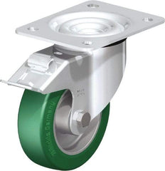 Blickle - 5" Diam x 1-37/64" Wide x 6-7/64" OAH Top Plate Mount Swivel Caster with Brake - Polyurethane-Elastomer Blickle Softhane, 770 Lb Capacity, Ball Bearing, 5-1/2 x 4-3/8" Plate - Exact Industrial Supply