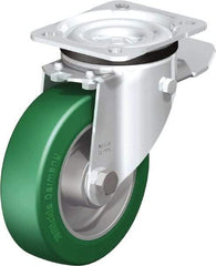 Blickle - 5" Diam x 1-37/64" Wide x 6-7/64" OAH Top Plate Mount Swivel Caster with Brake - Polyurethane-Elastomer Blickle Softhane, 770 Lb Capacity, Ball Bearing, 3-15/16 x 3-3/8" Plate - Exact Industrial Supply