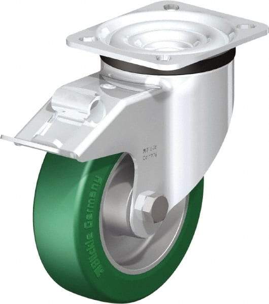 Blickle - 5" Diam x 1-37/64" Wide x 6-7/64" OAH Top Plate Mount Swivel Caster with Brake - Polyurethane-Elastomer Blickle Softhane, 770 Lb Capacity, Ball Bearing, 3-15/16 x 3-3/8" Plate - Exact Industrial Supply