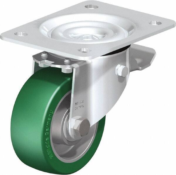 Blickle - 4" Diam x 1-37/64" Wide x 5-7/64" OAH Top Plate Mount Swivel Caster with Brake - Polyurethane-Elastomer Blickle Softhane, 660 Lb Capacity, Ball Bearing, 5-1/2 x 4-3/8" Plate - Exact Industrial Supply