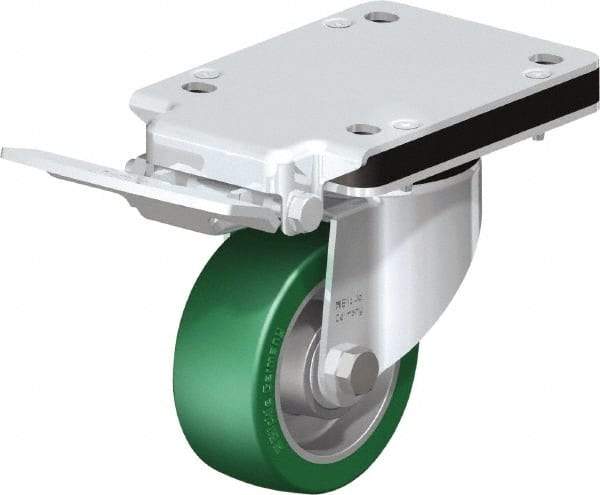 Blickle - 4" Diam x 1-37/64" Wide x 10-5/16" OAH Top Plate Mount Swivel Caster with Brake - Polyurethane-Elastomer Blickle Softhane, 660 Lb Capacity, Ball Bearing, 5-1/2 x 4-3/8" Plate - Exact Industrial Supply