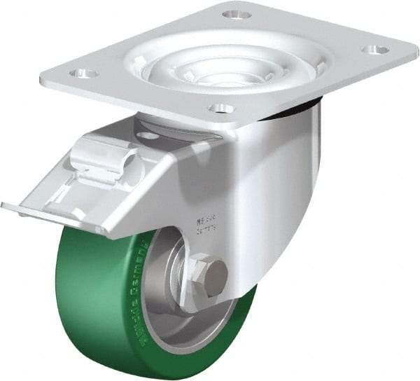 Blickle - 4" Diam x 1-37/64" Wide x 5-7/64" OAH Top Plate Mount Swivel Caster with Brake - Polyurethane-Elastomer Blickle Softhane, 660 Lb Capacity, Ball Bearing, 5-1/2 x 4-3/8" Plate - Exact Industrial Supply
