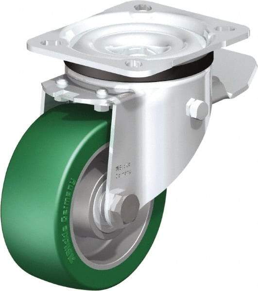 Blickle - 4" Diam x 1-37/64" Wide x 5-7/64" OAH Top Plate Mount Swivel Caster with Brake - Polyurethane-Elastomer Blickle Softhane, 660 Lb Capacity, Ball Bearing, 3-15/16 x 3-3/8" Plate - Exact Industrial Supply