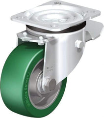 Blickle - 4" Diam x 1-37/64" Wide x 5-7/64" OAH Top Plate Mount Swivel Caster with Brake - Polyurethane-Elastomer Blickle Softhane, 660 Lb Capacity, Ball Bearing, 3-15/16 x 3-3/8" Plate - Exact Industrial Supply