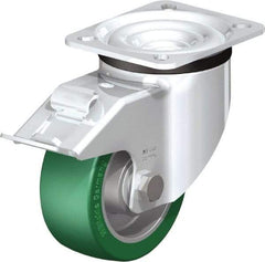 Blickle - 4" Diam x 1-37/64" Wide x 5-7/64" OAH Top Plate Mount Swivel Caster with Brake - Polyurethane-Elastomer Blickle Softhane, 660 Lb Capacity, Ball Bearing, 3-15/16 x 3-3/8" Plate - Exact Industrial Supply