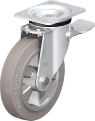 Blickle - 8" Diam x 1-31/32" Wide x 9-41/64" OAH Top Plate Mount Swivel Caster with Brake - Solid Rubber, 1,100 Lb Capacity, Ball Bearing, 5-1/2 x 4-3/8" Plate - Exact Industrial Supply