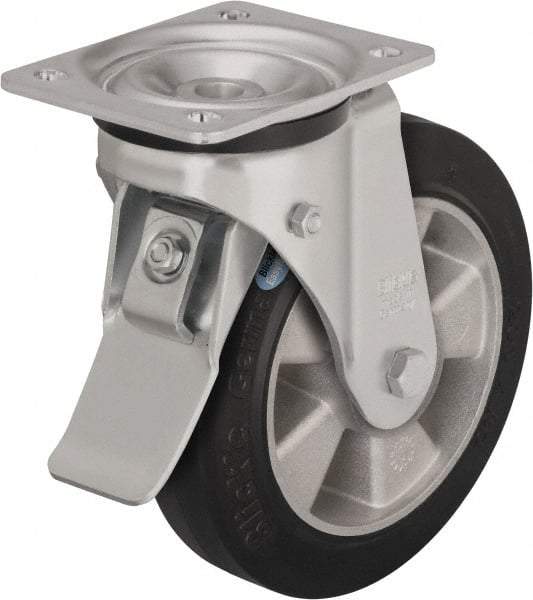 Blickle - 5" Diam x 1-31/32" Wide x 6-11/16" OAH Top Plate Mount Swivel Caster with Brake - Solid Rubber, 594 Lb Capacity, Ball Bearing, 5-1/2 x 4-3/8" Plate - Exact Industrial Supply