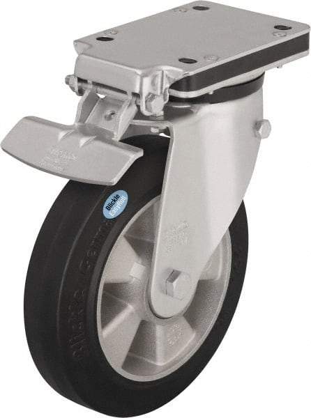 Blickle - 8" Diam x 1-31/32" Wide x 10-5/16" OAH Top Plate Mount Swivel Caster with Brake - Solid Rubber, 1,100 Lb Capacity, Ball Bearing, 5-1/2 x 4-3/8" Plate - Exact Industrial Supply