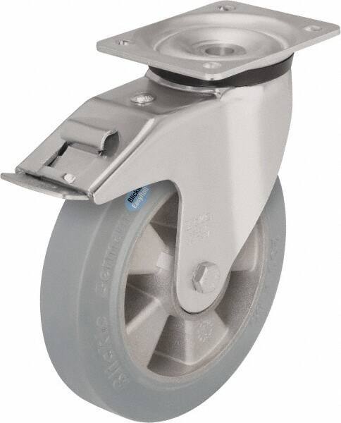 Blickle - 5" Diam x 1-31/32" Wide x 6-11/16" OAH Top Plate Mount Swivel Caster with Brake - Solid Rubber, 594 Lb Capacity, Ball Bearing, 5-1/2 x 4-3/8" Plate - Exact Industrial Supply