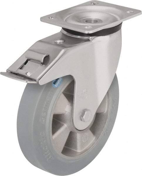 Blickle - 8" Diam x 1-31/32" Wide x 9-21/32" OAH Top Plate Mount Swivel Caster with Brake - Solid Rubber, 1,100 Lb Capacity, Ball Bearing, 5-1/2 x 4-3/8" Plate - Exact Industrial Supply