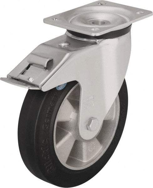 Blickle - 5" Diam x 1-31/32" Wide x 6-11/16" OAH Top Plate Mount Swivel Caster with Brake - Solid Rubber, 594 Lb Capacity, Ball Bearing, 5-1/2 x 4-3/8" Plate - Exact Industrial Supply