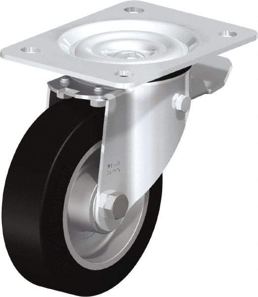 Blickle - 5" Diam x 1-37/64" Wide x 6-7/64" OAH Top Plate Mount Swivel Caster with Brake - Solid Rubber, 550 Lb Capacity, Ball Bearing, 5-1/2 x 4-3/8" Plate - Exact Industrial Supply