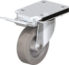Blickle - 5" Diam x 1-37/64" Wide x 7-49/64" OAH Top Plate Mount Swivel Caster with Brake - Solid Rubber, 550 Lb Capacity, Ball Bearing, 5-1/2 x 4-3/8" Plate - Exact Industrial Supply