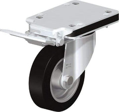 Blickle - 5" Diam x 1-37/64" Wide x 7-49/64" OAH Top Plate Mount Swivel Caster with Brake - Solid Rubber, 550 Lb Capacity, Ball Bearing, 5-1/2 x 4-3/8" Plate - Exact Industrial Supply