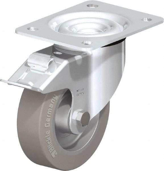 Blickle - 5" Diam x 1-37/64" Wide x 6-7/64" OAH Top Plate Mount Swivel Caster with Brake - Solid Rubber, 550 Lb Capacity, Ball Bearing, 5-1/2 x 4-3/8" Plate - Exact Industrial Supply