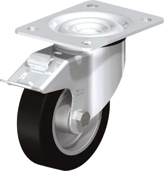 Blickle - 5" Diam x 1-37/64" Wide x 6-7/64" OAH Top Plate Mount Swivel Caster with Brake - Solid Rubber, 550 Lb Capacity, Ball Bearing, 5-1/2 x 4-3/8" Plate - Exact Industrial Supply