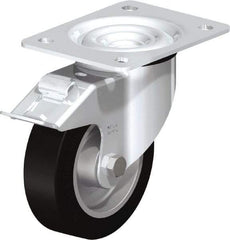 Blickle - 5" Diam x 1-37/64" Wide x 6-7/64" OAH Top Plate Mount Swivel Caster with Brake - Solid Rubber, 550 Lb Capacity, Ball Bearing, 5-1/2 x 4-3/8" Plate - Exact Industrial Supply