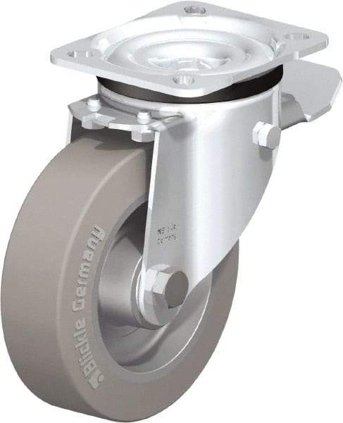 Blickle - 5" Diam x 1-37/64" Wide x 6-7/64" OAH Top Plate Mount Swivel Caster with Brake - Solid Rubber, 550 Lb Capacity, Ball Bearing, 3-15/16 x 3-3/8" Plate - Exact Industrial Supply