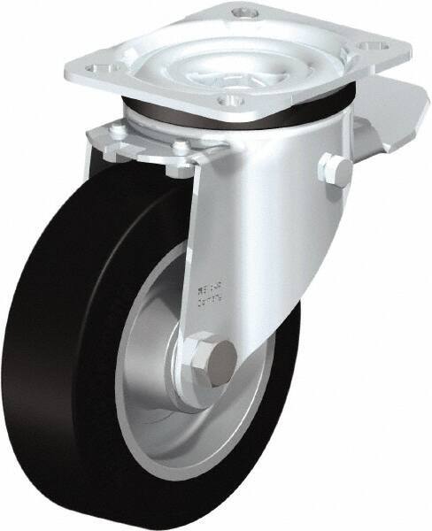Blickle - 5" Diam x 1-37/64" Wide x 6-7/64" OAH Top Plate Mount Swivel Caster with Brake - Solid Rubber, 550 Lb Capacity, Ball Bearing, 3-15/16 x 3-3/8" Plate - Exact Industrial Supply