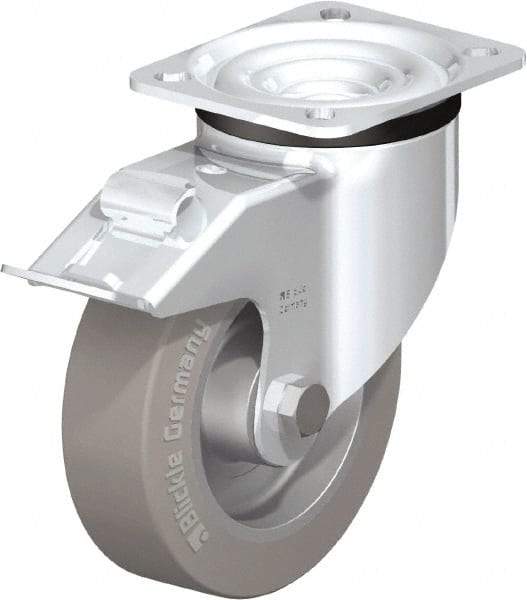 Blickle - 5" Diam x 1-37/64" Wide x 6-7/64" OAH Top Plate Mount Swivel Caster with Brake - Solid Rubber, 550 Lb Capacity, Ball Bearing, 3-15/16 x 3-3/8" Plate - Exact Industrial Supply