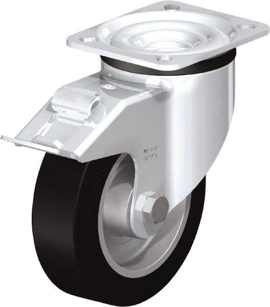 Blickle - 5" Diam x 1-37/64" Wide x 6-7/64" OAH Top Plate Mount Swivel Caster with Brake - Solid Rubber, 550 Lb Capacity, Ball Bearing, 3-15/16 x 3-3/8" Plate - Exact Industrial Supply