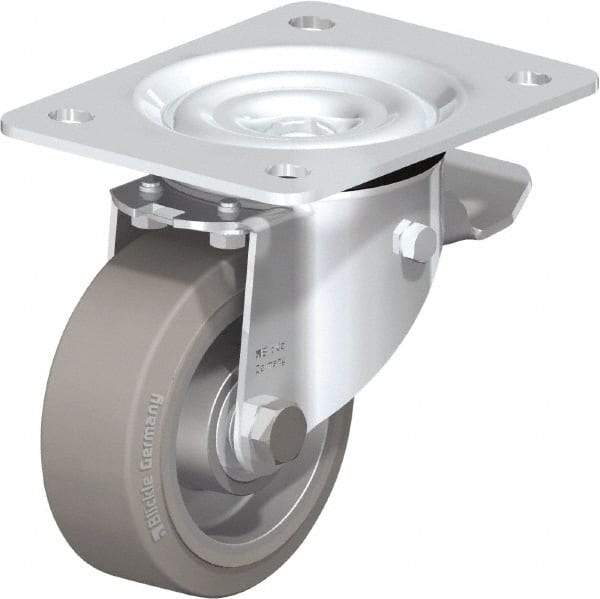 Blickle - 4" Diam x 1-37/64" Wide x 5-7/64" OAH Top Plate Mount Swivel Caster with Brake - Solid Rubber, 440 Lb Capacity, Ball Bearing, 5-1/2 x 4-3/8" Plate - Exact Industrial Supply