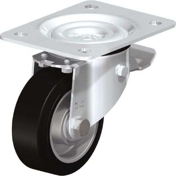 Blickle - 4" Diam x 1-37/64" Wide x 5-7/64" OAH Top Plate Mount Swivel Caster with Brake - Solid Rubber, 440 Lb Capacity, Ball Bearing, 5-1/2 x 4-3/8" Plate - Exact Industrial Supply