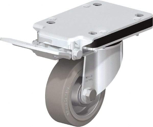 Blickle - 4" Diam x 1-37/64" Wide x 5-5/32" OAH Top Plate Mount Swivel Caster with Brake - Solid Rubber, 440 Lb Capacity, Ball Bearing, 5-1/2 x 4-3/8" Plate - Exact Industrial Supply