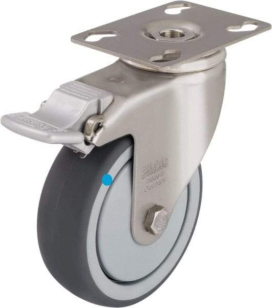 Blickle - 3" Diam x 1-1/4" Wide x 4-3/8" OAH Top Plate Mount Swivel Caster with Brake - Thermoplastic Rubber Elastomer (TPE), 220 Lb Capacity, Ball Bearing, 3-9/16 x 2-5/8" Plate - Exact Industrial Supply