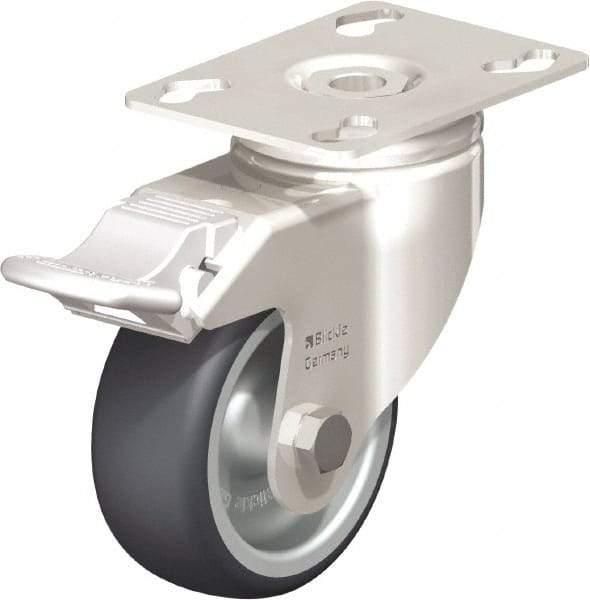 Blickle - 3" Diam x 1-1/4" Wide x 4-3/8" OAH Top Plate Mount Swivel Caster with Brake - Thermoplastic Rubber Elastomer (TPE), 220 Lb Capacity, Plain Bore Bearing, 3-9/16 x 2-5/8" Plate - Exact Industrial Supply