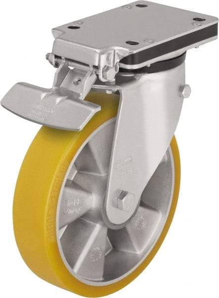 Blickle - 5" Diam x 2-1/8" Wide x 7-23/64" OAH Top Plate Mount Swivel Caster with Brake - Polyurethane-Elastomer Blickle Extrathane, 990 Lb Capacity, Ball Bearing, 5-1/2 x 4-3/8" Plate - Exact Industrial Supply