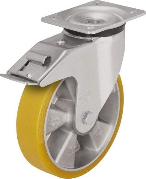 Blickle - 8" Diam x 1-31/32" Wide x 9-41/64" OAH Top Plate Mount Swivel Caster with Brake - Polyurethane-Elastomer Blickle Extrathane, 1,320 Lb Capacity, Ball Bearing, 5-1/2 x 4-3/8" Plate - Exact Industrial Supply