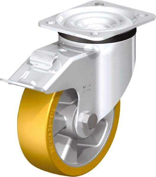 Blickle - 5" Diam x 1-9/16" Wide x 6-7/64" OAH Top Plate Mount Swivel Caster with Brake - Polyurethane-Elastomer Blickle Extrathane, 770 Lb Capacity, Ball Bearing, 3-15/16 x 3-3/8" Plate - Exact Industrial Supply