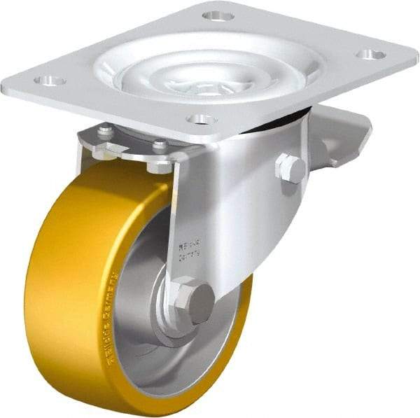 Blickle - 4" Diam x 1-9/16" Wide x 5-7/64" OAH Top Plate Mount Swivel Caster with Brake - Polyurethane-Elastomer Blickle Extrathane, 550 Lb Capacity, Ball Bearing, 5-1/2 x 4-3/8" Plate - Exact Industrial Supply