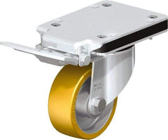 Blickle - 4" Diam x 1-9/16" Wide x 5-25/32" OAH Top Plate Mount Swivel Caster with Brake - Polyurethane-Elastomer Blickle Extrathane, 550 Lb Capacity, Ball Bearing, 5-1/2 x 4-3/8" Plate - Exact Industrial Supply