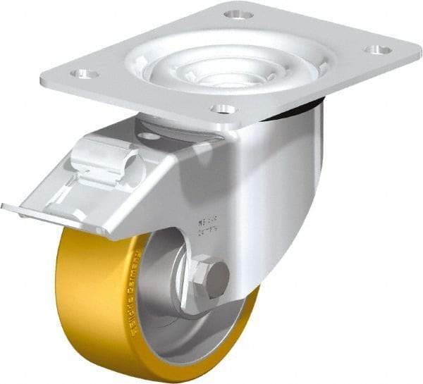 Blickle - 4" Diam x 1-9/16" Wide x 5-7/64" OAH Top Plate Mount Swivel Caster with Brake - Polyurethane-Elastomer Blickle Extrathane, 550 Lb Capacity, Ball Bearing, 5-1/2 x 4-3/8" Plate - Exact Industrial Supply
