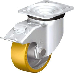Blickle - 4" Diam x 1-9/16" Wide x 5-7/64" OAH Top Plate Mount Swivel Caster with Brake - Polyurethane-Elastomer Blickle Extrathane, 550 Lb Capacity, Ball Bearing, 3-15/16 x 3-3/8" Plate - Exact Industrial Supply