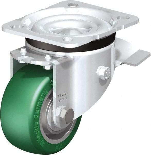 Blickle - 3" Diam x 1-9/16" Wide x 4-21/64" OAH Top Plate Mount Swivel Caster with Brake - Polyurethane-Elastomer Blickle Softhane, 506 Lb Capacity, Ball Bearing, 3-15/16 x 3-3/8" Plate - Exact Industrial Supply