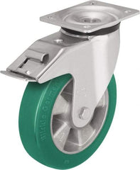Blickle - 6" Diam x 2-1/8" Wide x 7-3/4" OAH Top Plate Mount Swivel Caster with Brake - Polyurethane-Elastomer Blickle Softhane, 1,100 Lb Capacity, Ball Bearing, 5-1/2 x 4-3/8" Plate - Exact Industrial Supply
