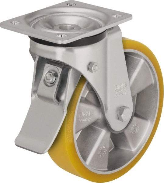 Blickle - 5" Diam x 1-9/16" Wide x 6-7/64" OAH Top Plate Mount Swivel Caster with Brake - Polyurethane-Elastomer Blickle Extrathane, 770 Lb Capacity, Ball Bearing, 5-1/2 x 4-3/8" Plate - Exact Industrial Supply